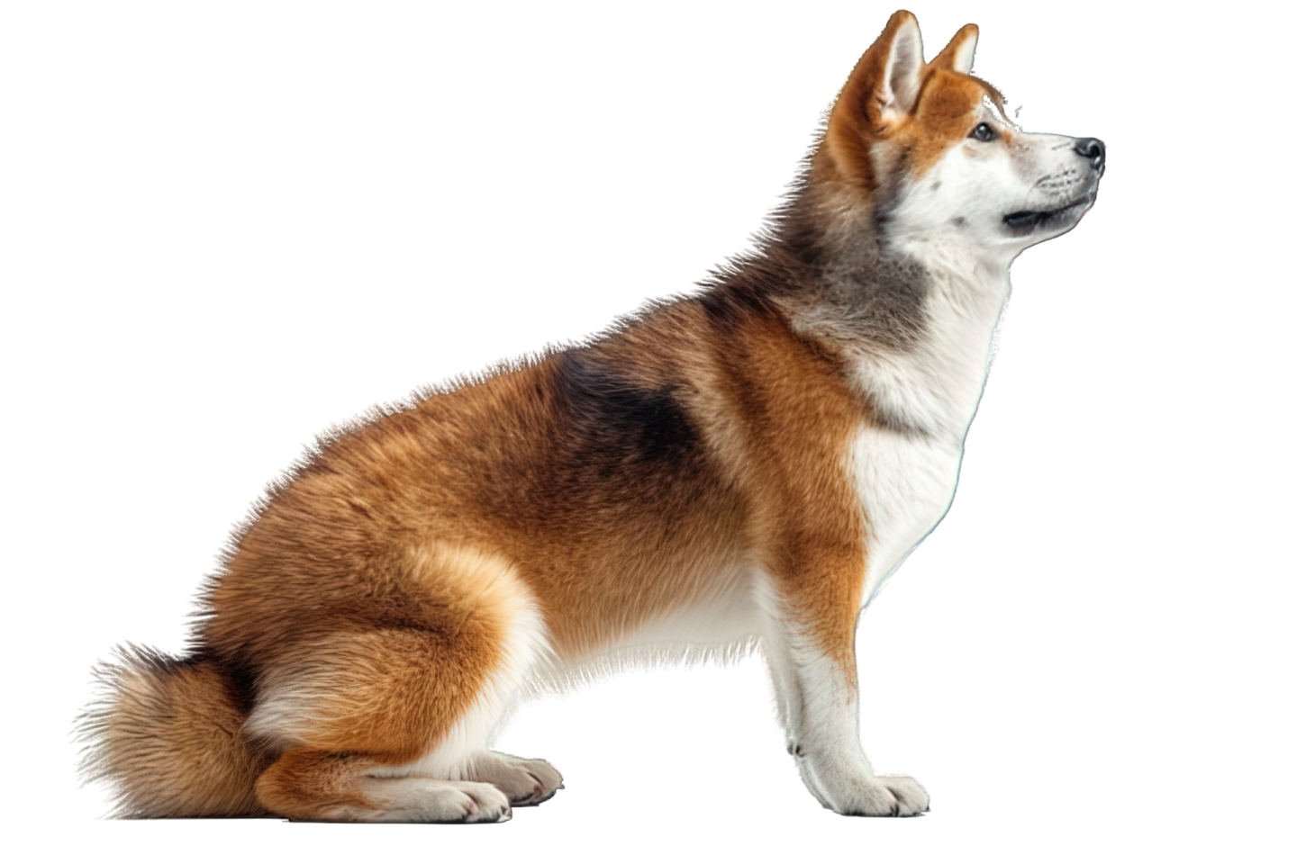 a brown and white dog sitting on the ground