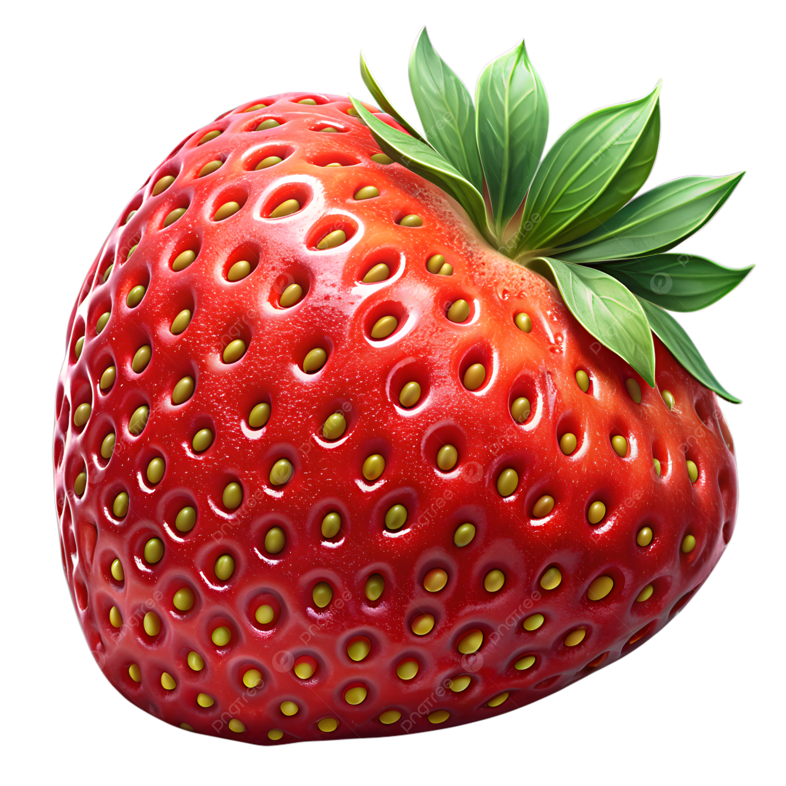 a red strawberry with green leaves on top
