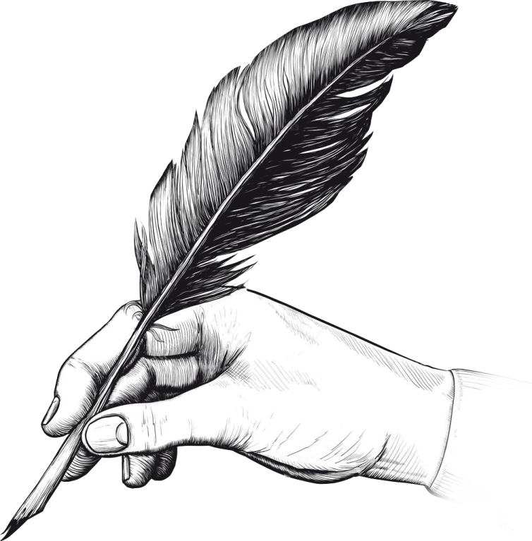 a hand holding a feather with a pen in it