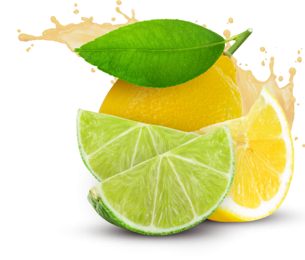 two lemons and one lime with a splash of orange juice
