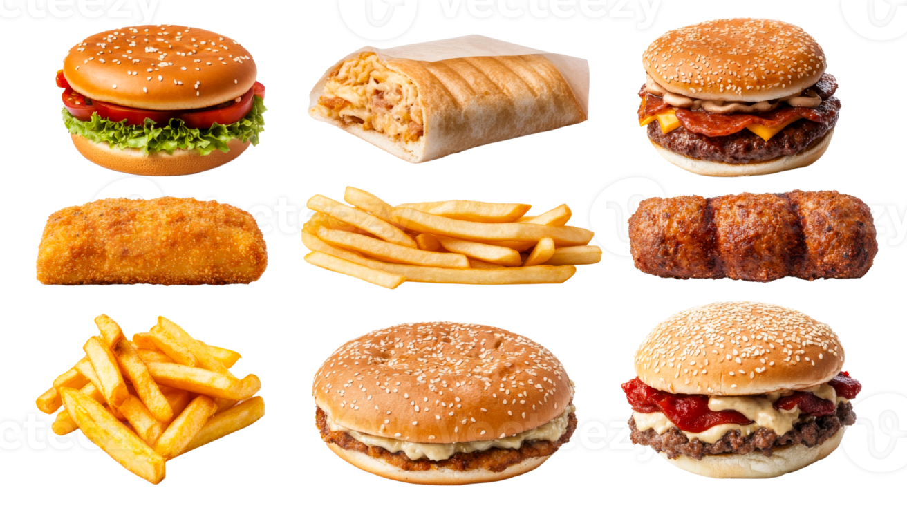 a bunch of different types of food on white background