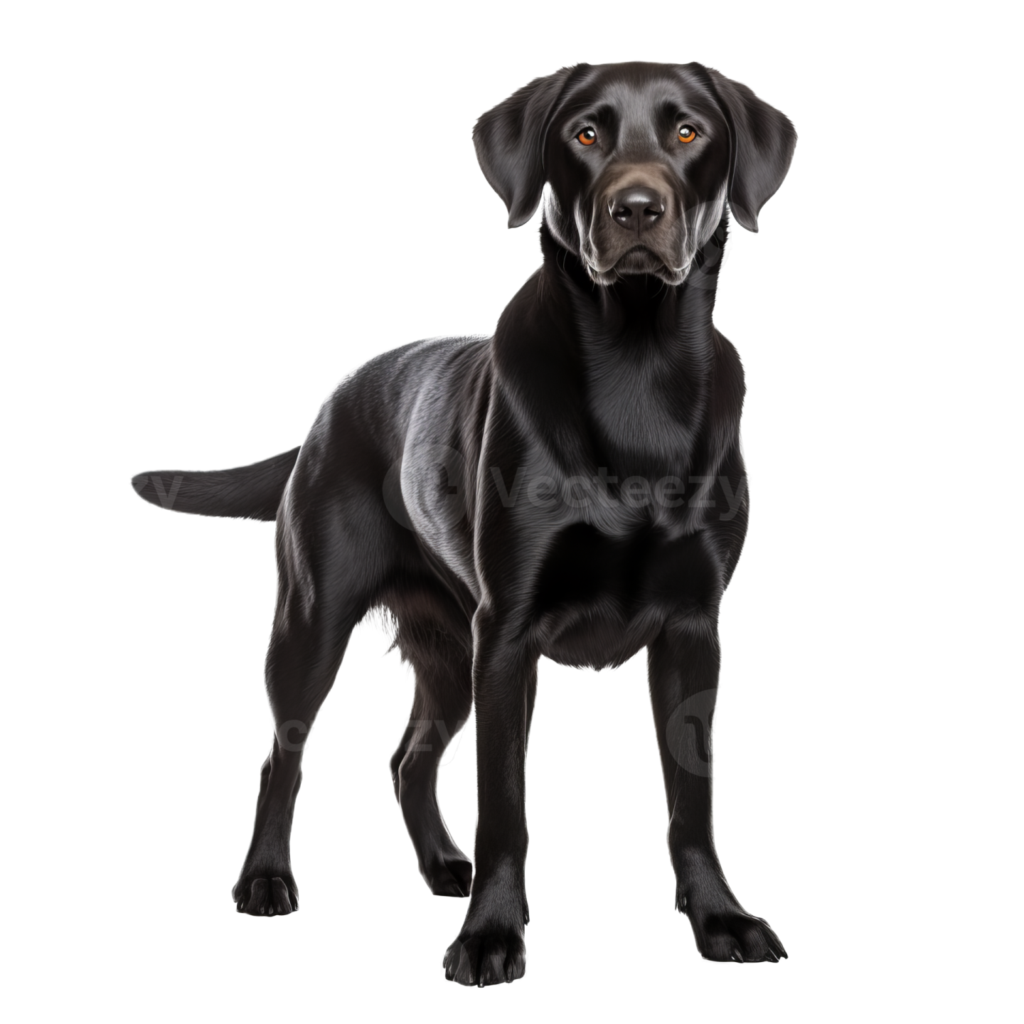 a black labrador dog standing in front of a white background