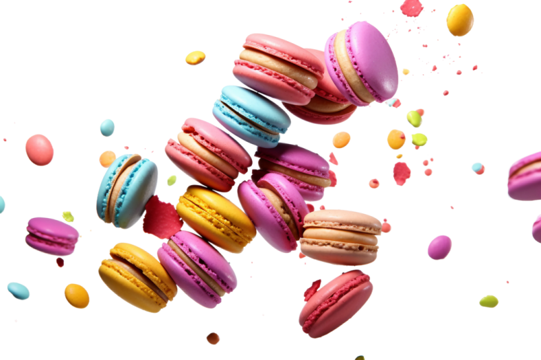 a bunch of macarons falling in the air