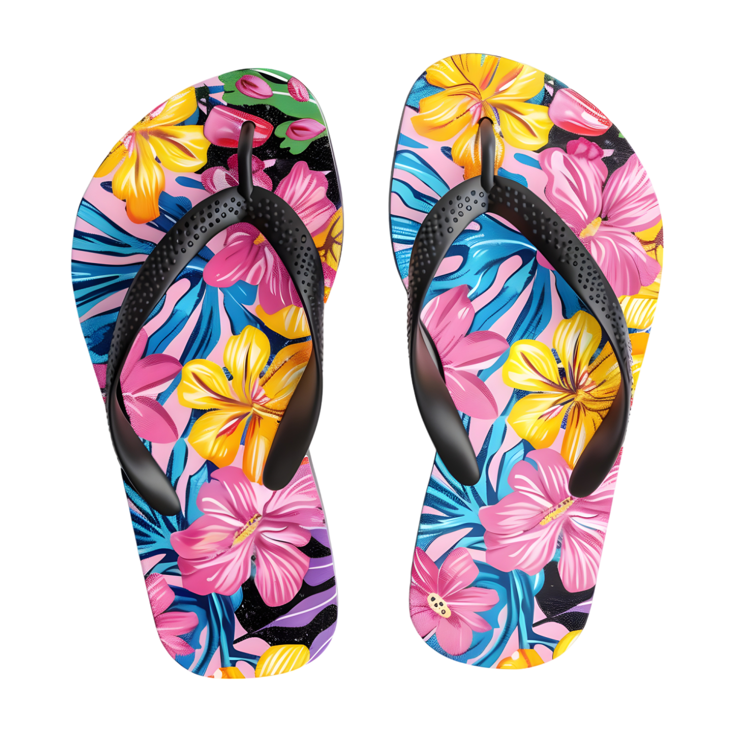 a pair of flip flops with colorful flowers