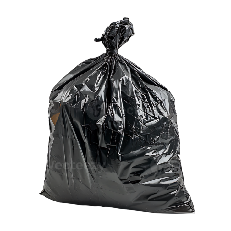 a black garbage bag on a white background