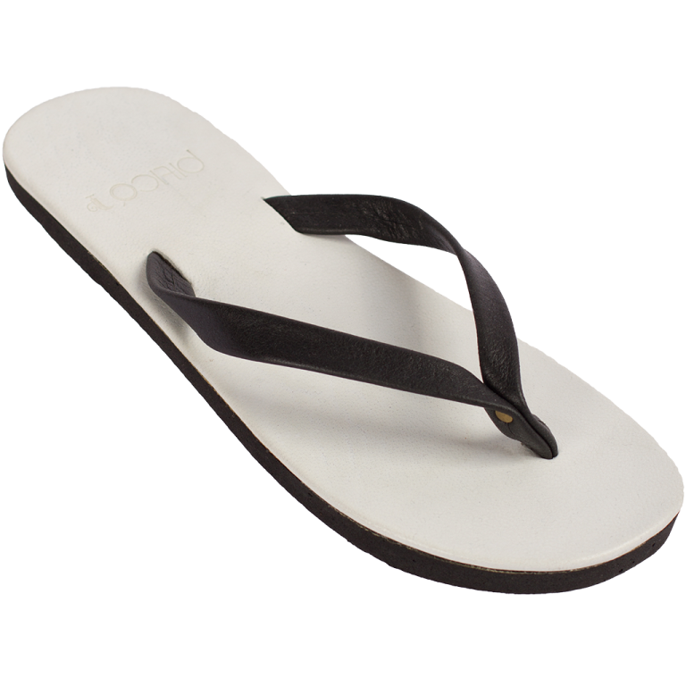 a pair of black and white flip flops