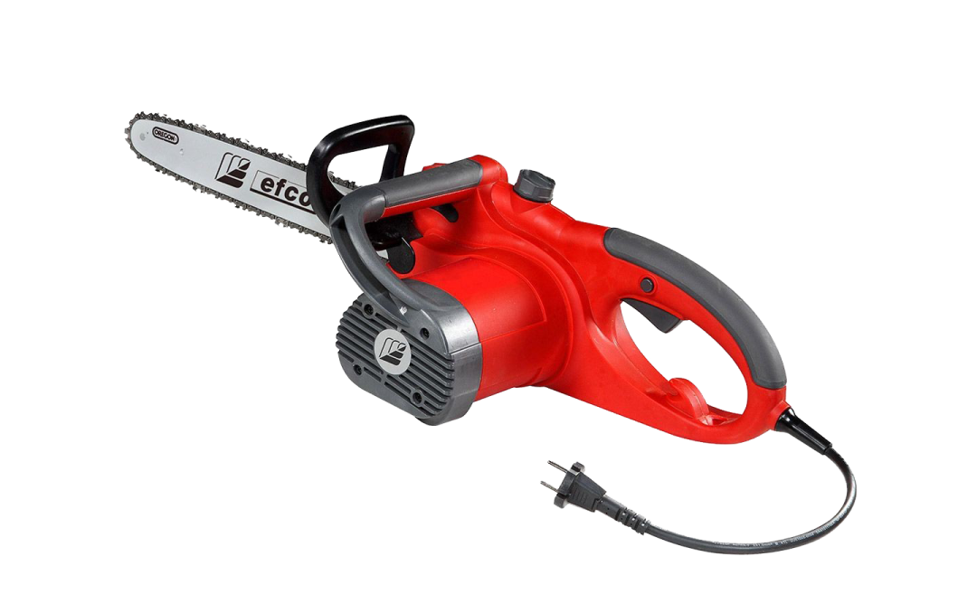 A red and black chainsaw with a cord