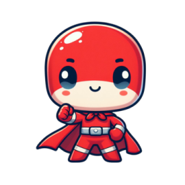 a cartoon character with a red cape and black eyes