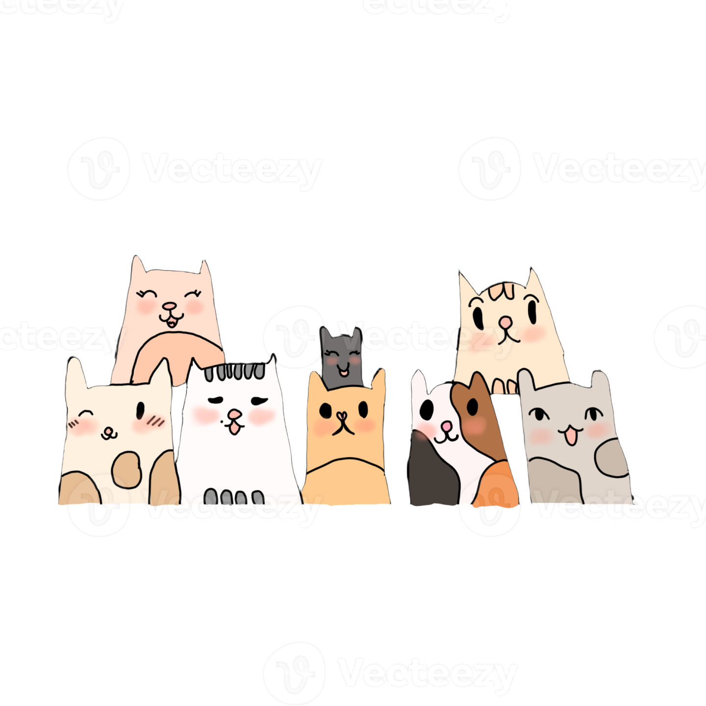 a group of cats sitting in a row