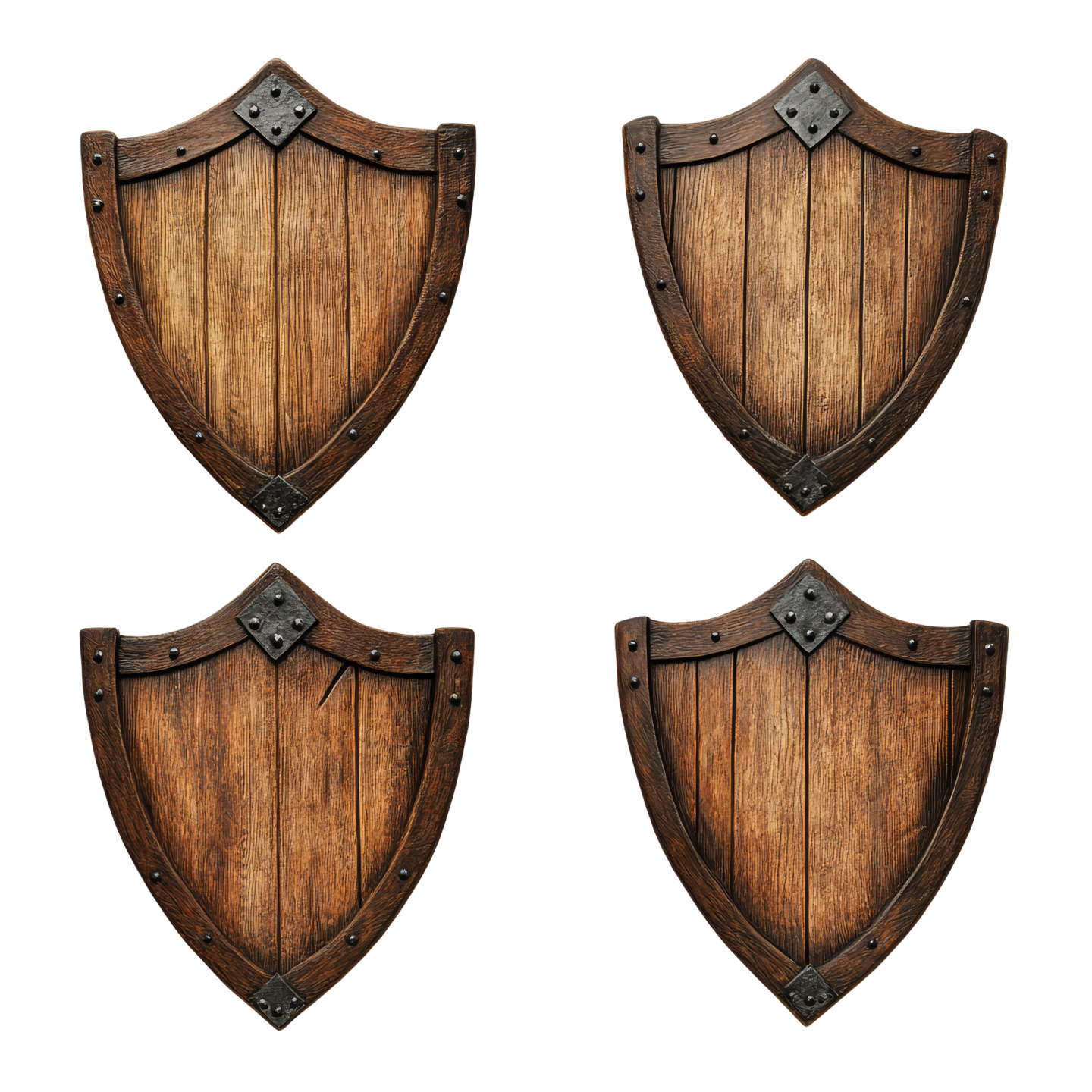 three wooden shields on a white background