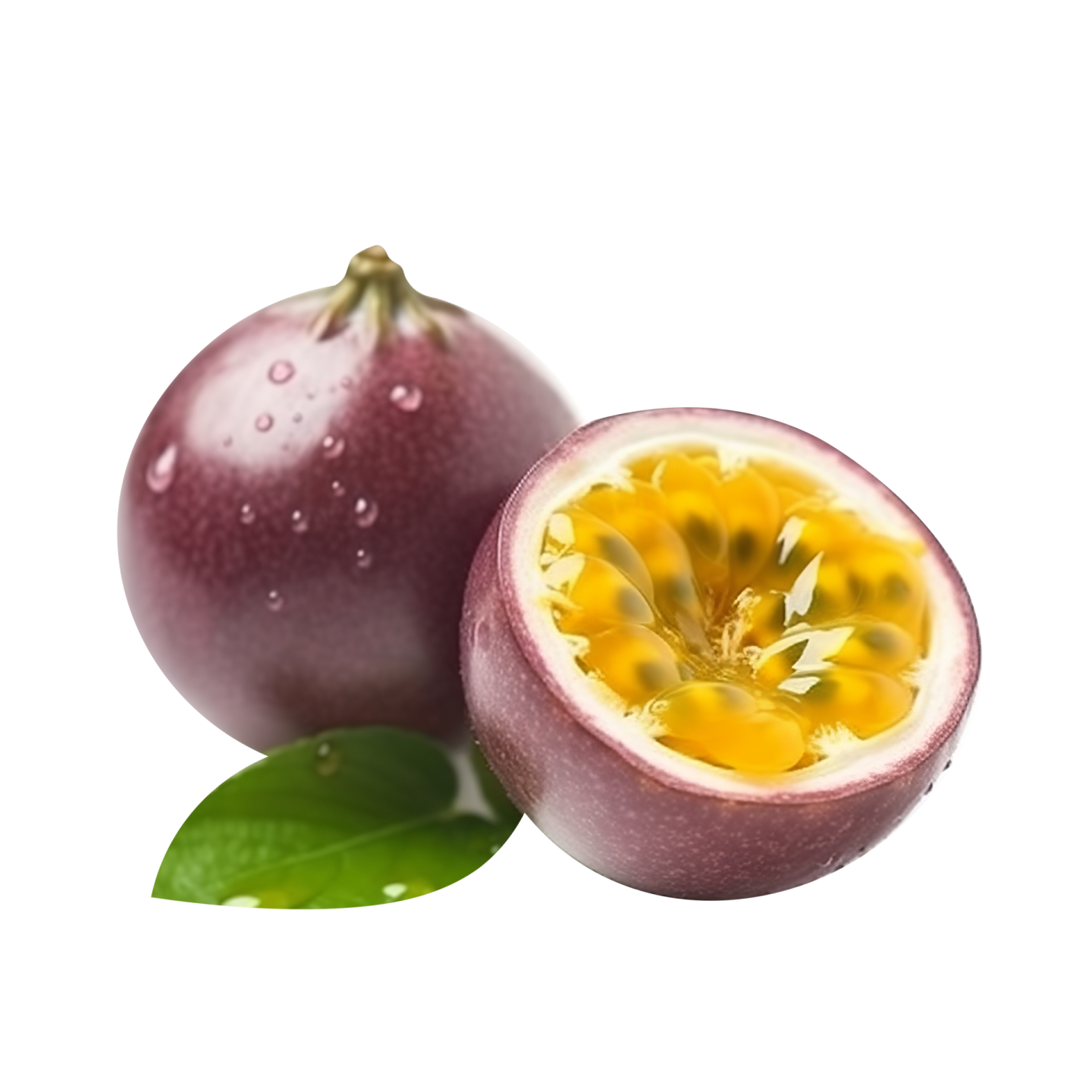 a passion fruit cut in half on a white background