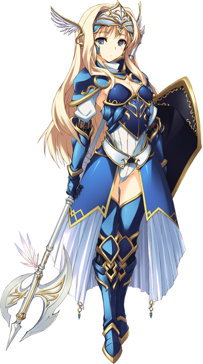 a female in a blue outfit holding a sword