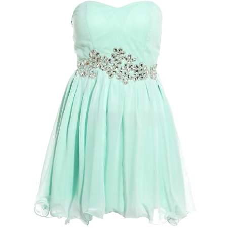 a mint green short prom dress with silver beading on the waist