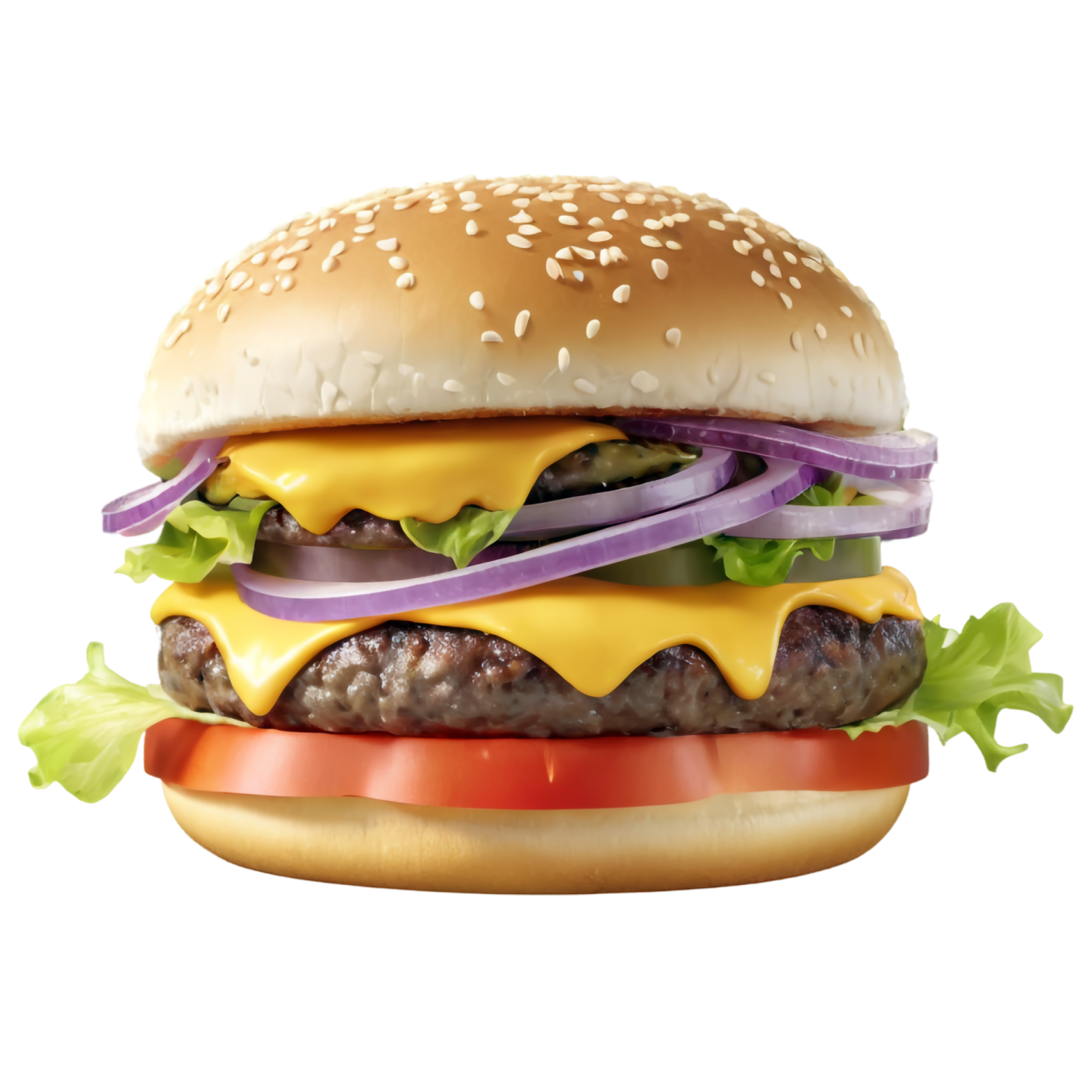 a big hamburger with cheese, onions, and lete