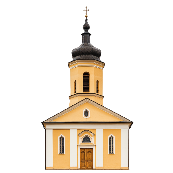 a yellow church with a cross on top