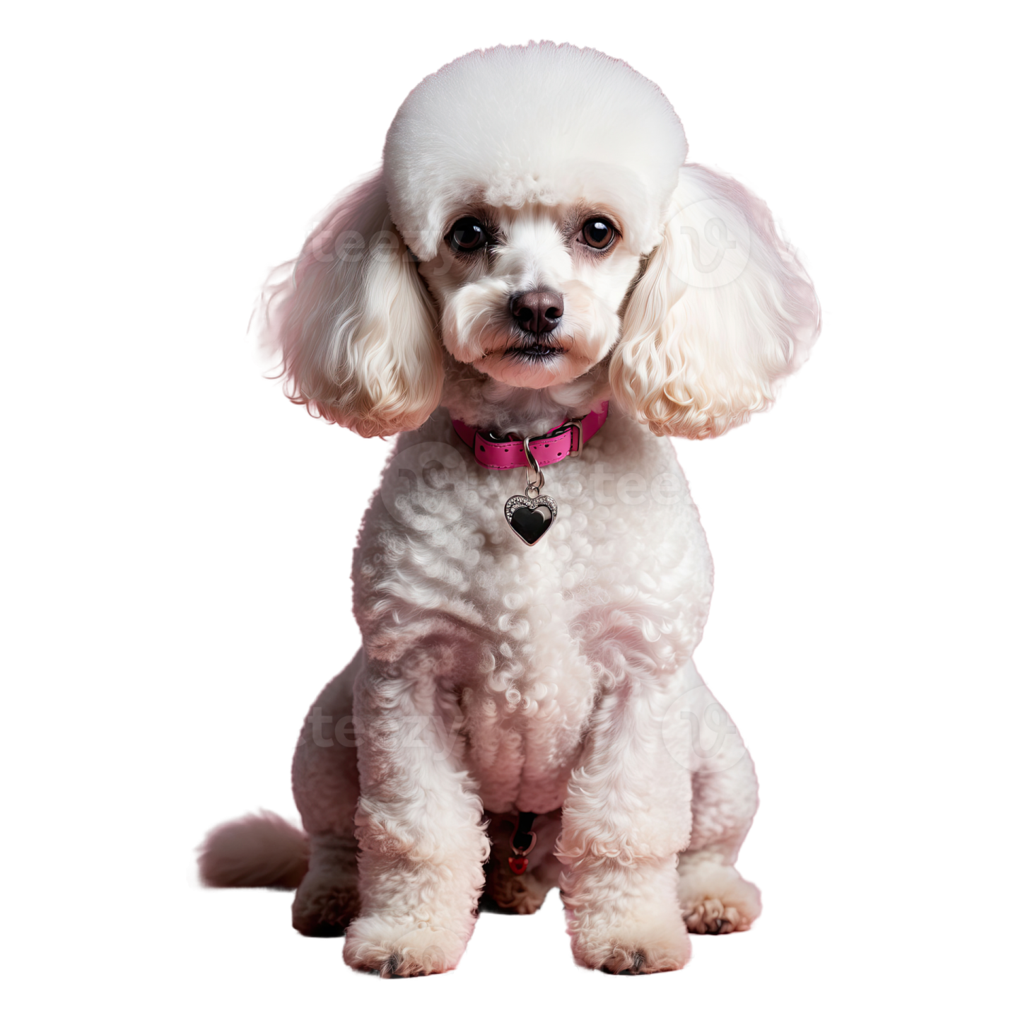 a small white poodle dog sitting on a white background