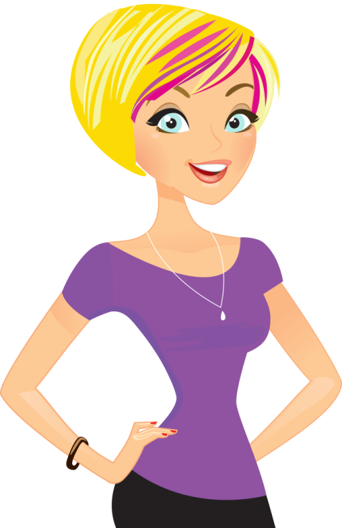 a woman in a purple shirt and black skirt