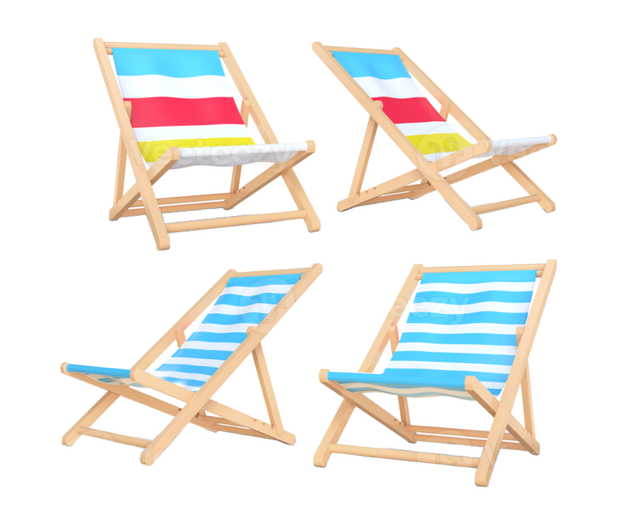 a set of four wooden beach chairs with colorful stripes