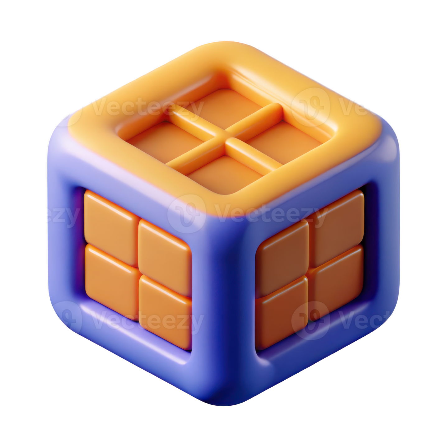 a blue and orange cube with two squares on it