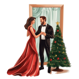 a man and woman standing in front of a christmas tree