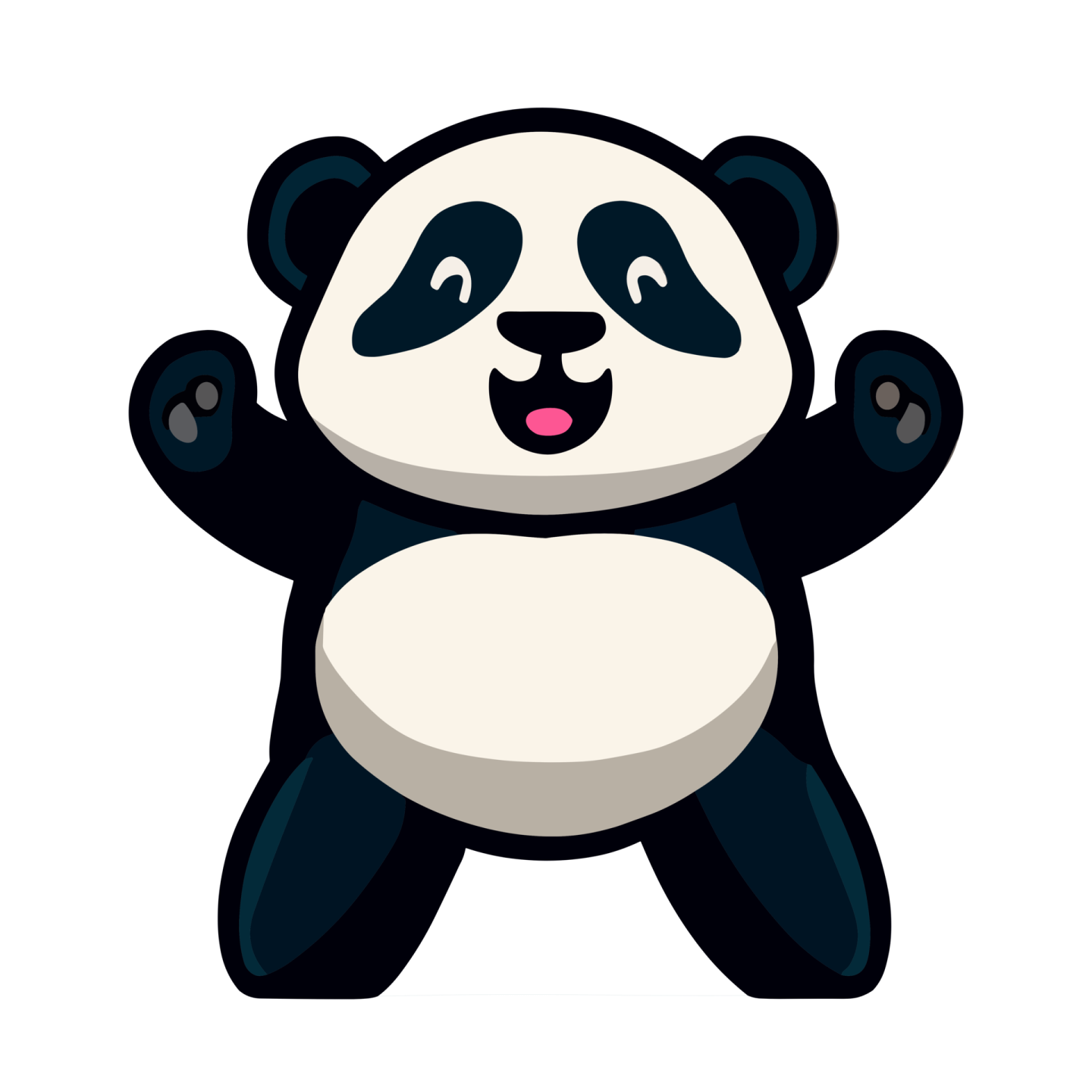 a black and white panda bear with its arms up