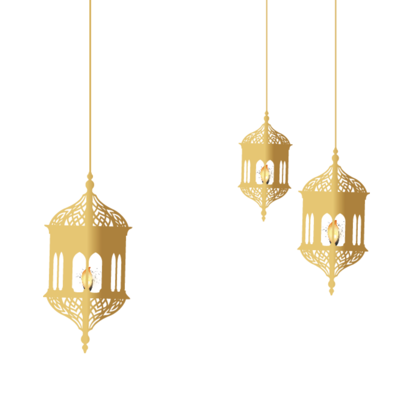 three golden lanterns hanging from a white background