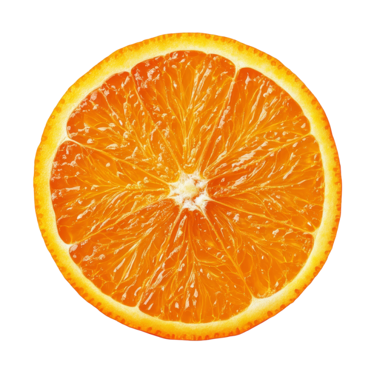 an orange cut in half on a white background