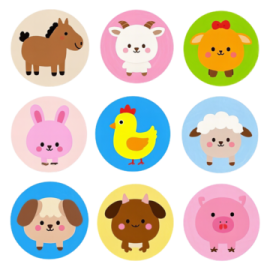 a bunch of farm animals in different colors