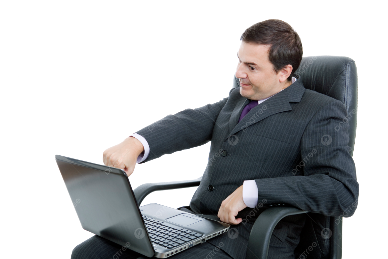 a man in a suit sitting on a chair with a laptop