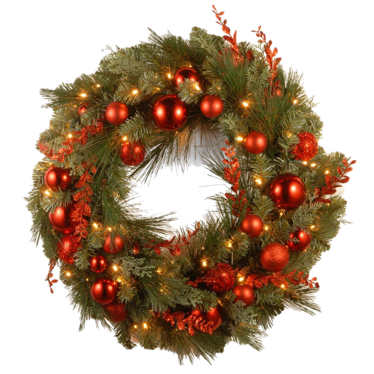 a christmas wreath with red and gold ornaments