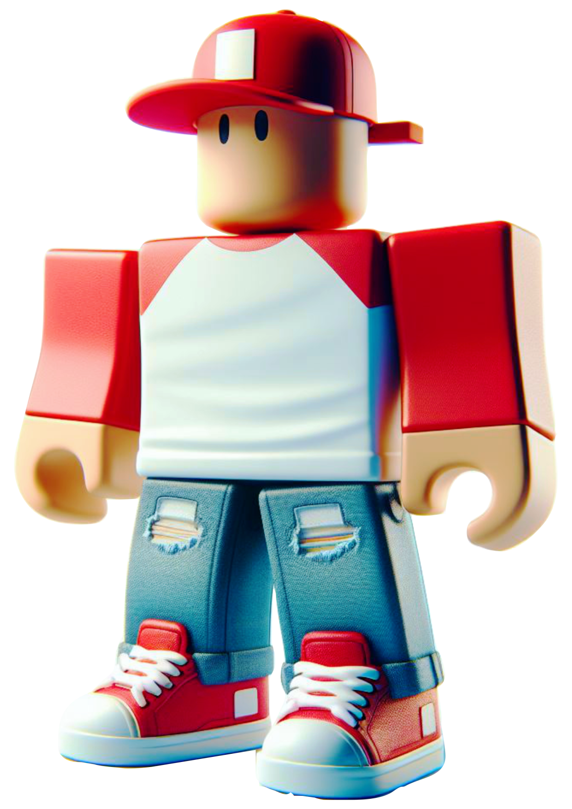 a lego figure wearing a red hat and blue jeans