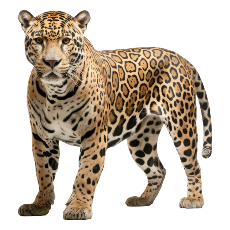 a large leopard standing up against a white background