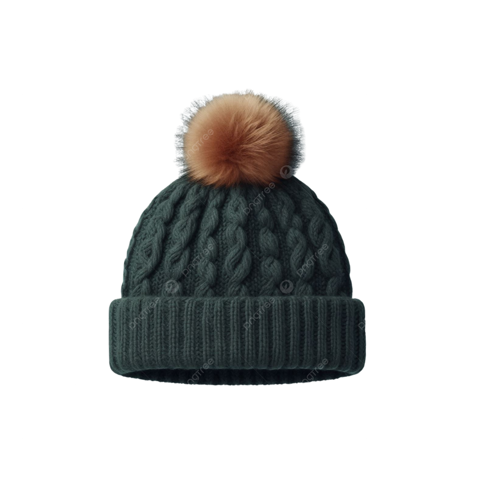 a green cable knit beanie hat with a fur pom