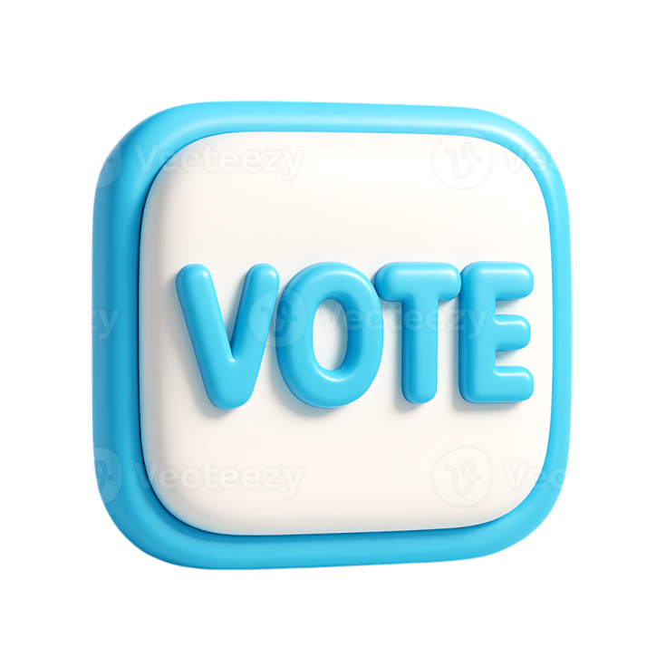 a blue and white vote button on a white background