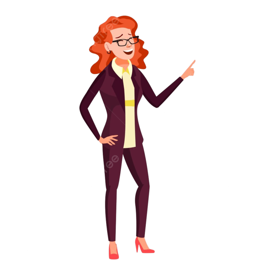 a woman in a business suit pointing at something