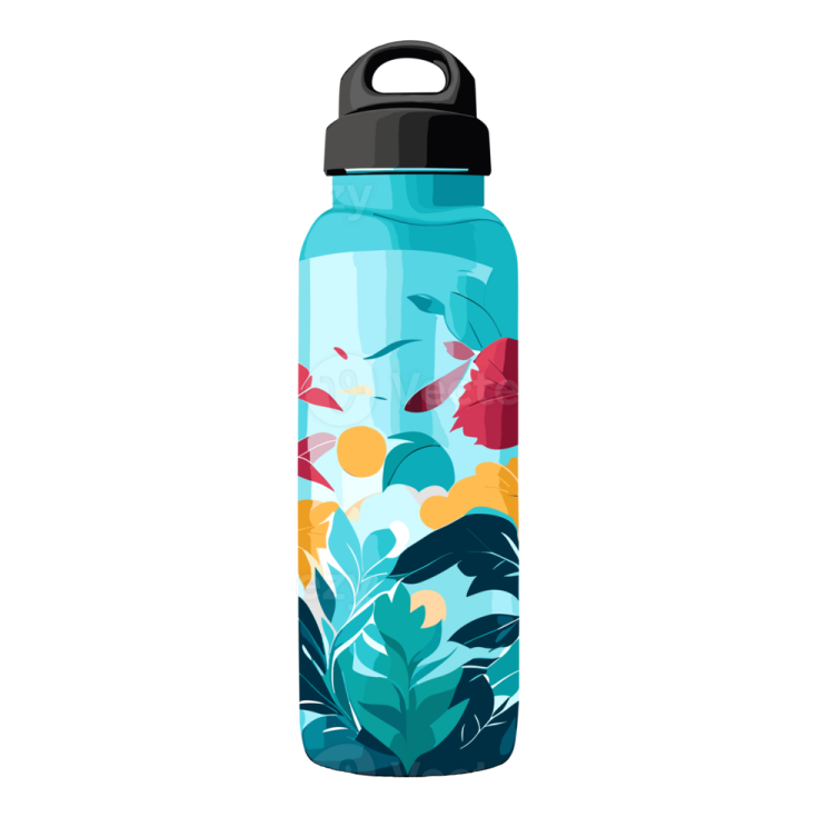 a water bottle with tropical leaves on it