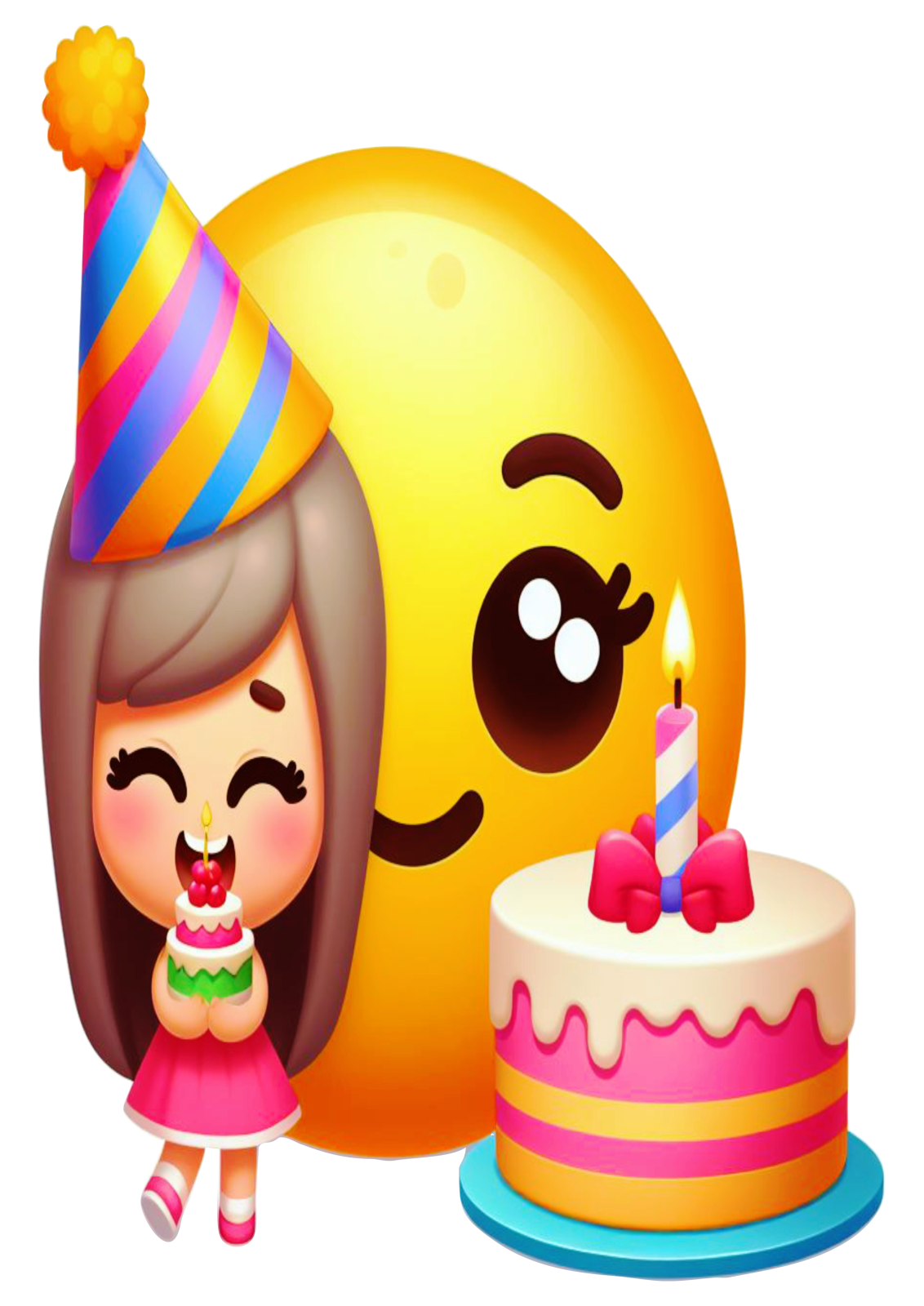 a girl with a birthday cake next to a smiley face