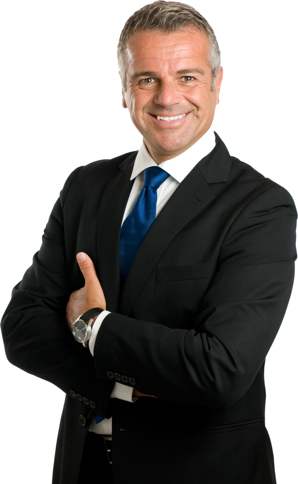 a man in a suit and tie with his arms crossed