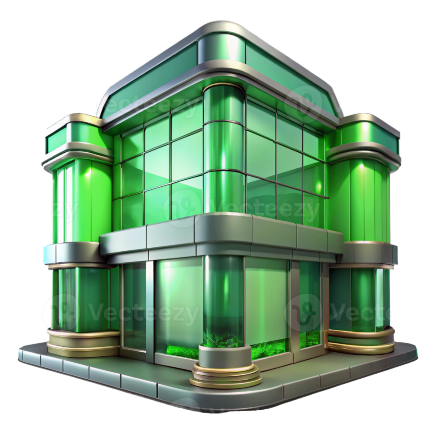 a building with green glass and gold accents