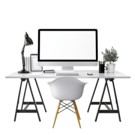a white desk with a computer on top of it