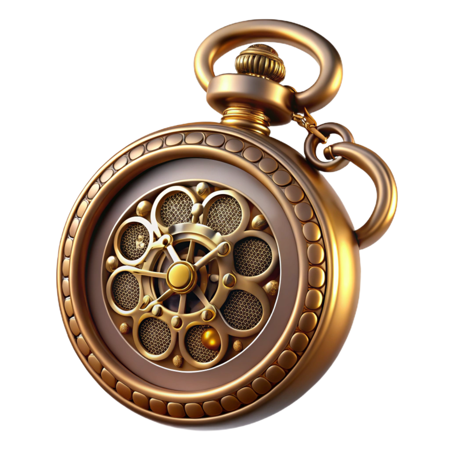 a golden pocket watch on a white background