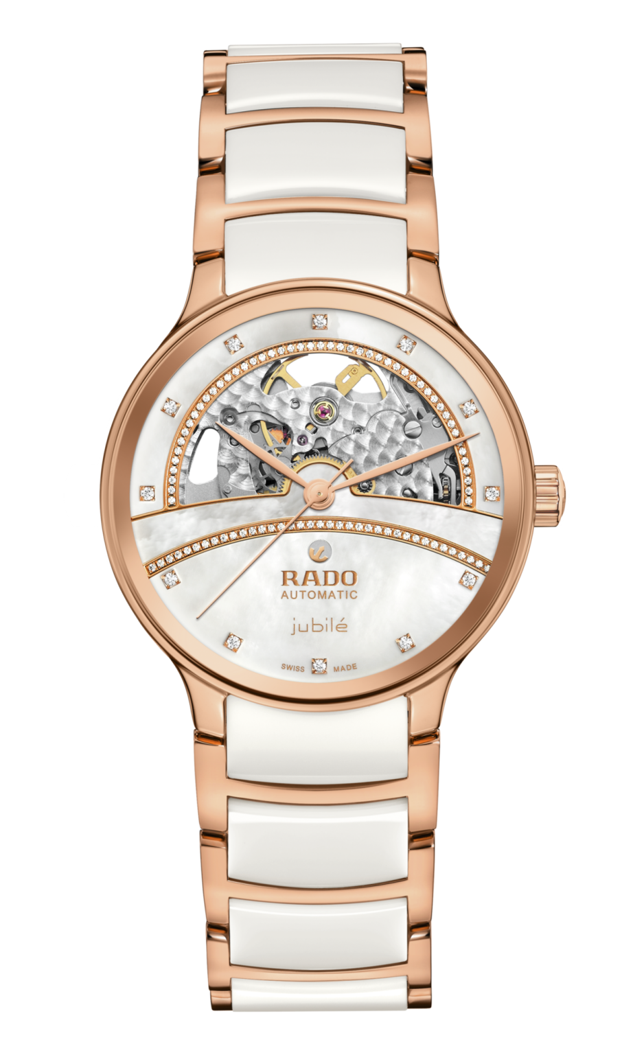 a rose gold and white ceramic watch with diamonds