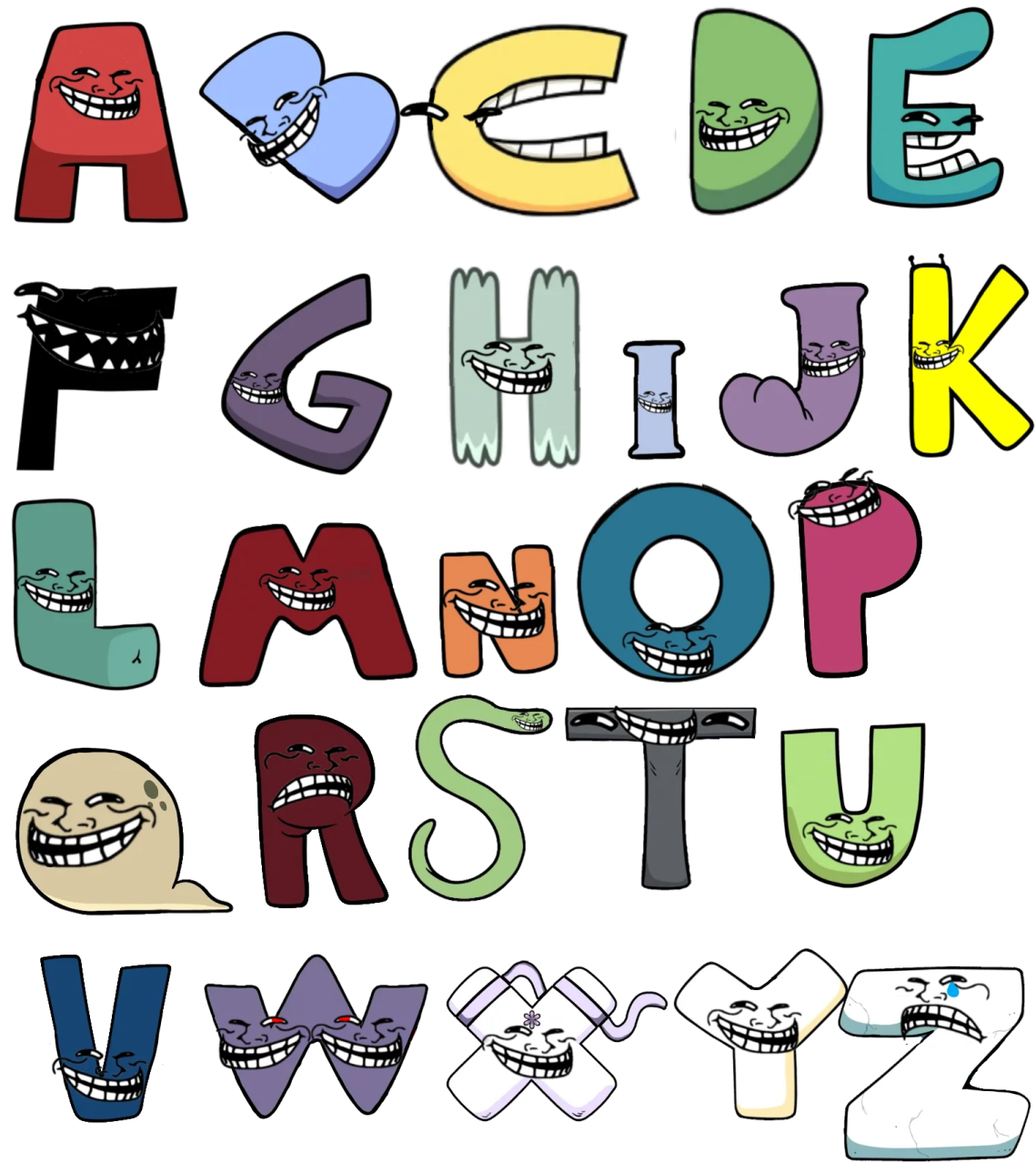 a set of cartoon letters with faces and mouths