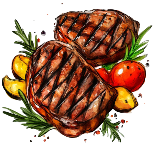two grilled steaks with tomatoes and lemons