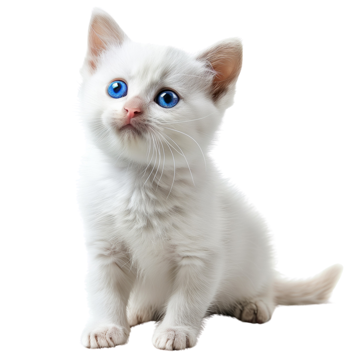 a white kitten with blue eyes sitting down