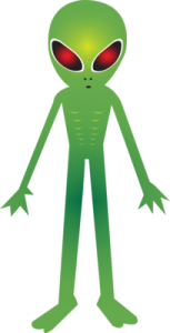 a green alien with red eyes