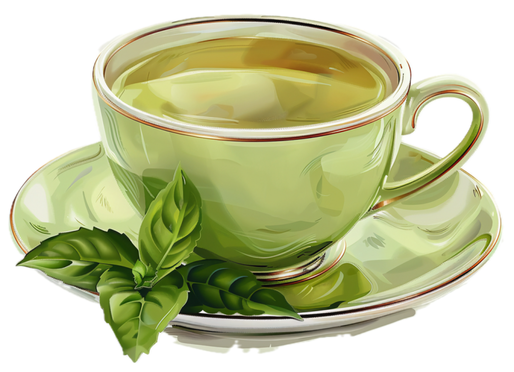 a cup of green tea with leaves