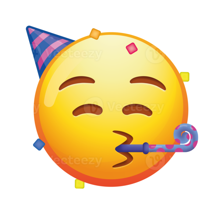 a smiley face with a party hat and streamers
