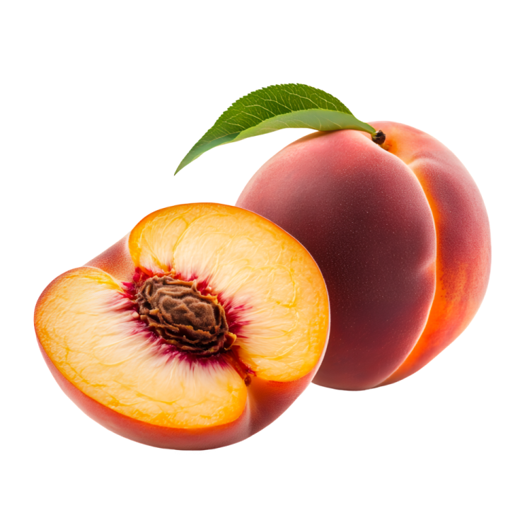 a peach cut in half on a white background