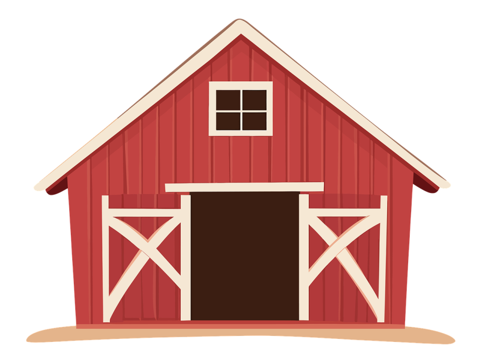a red barn with an open door
